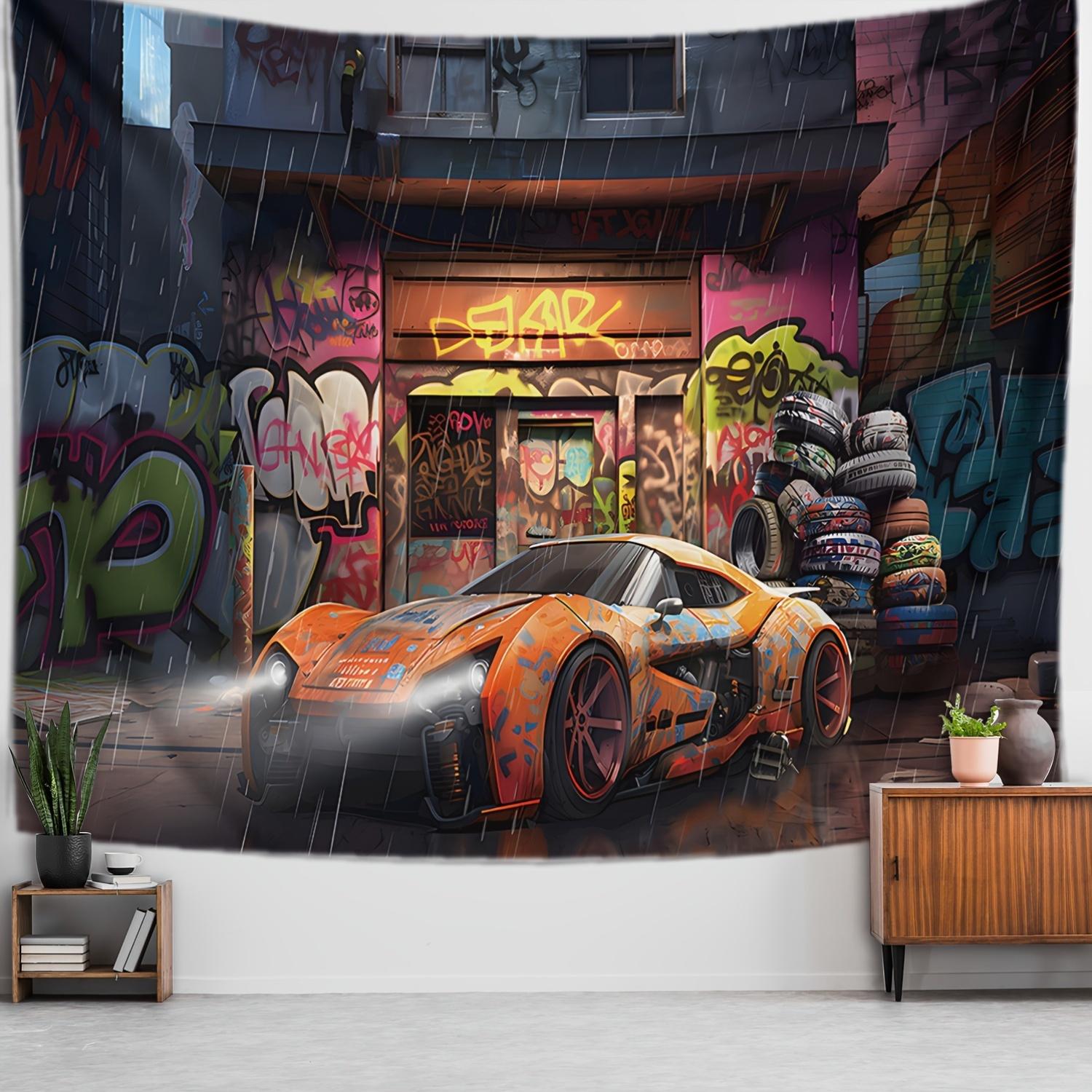 Anime Graffiti Car Tires Wall Tapestry Urban Street Art Design Vibrant Orange Blue Graffiti Print on Durable Polyester Fa 74x94cm(29x37in)