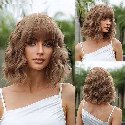 Sommer Licht Welle Kopf Chemiefaser lockiges Haar braun natürliche Perücke Haar Abdeckung Pony kurze atmungsaktive Licht