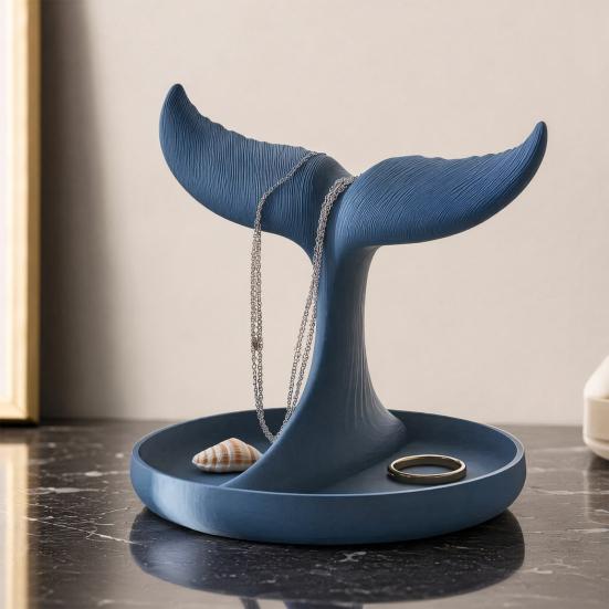 3D Printed Whale Tail Jewelry Organizer, Earring Necklace Display Stand with Ring Tray, Creative Desktop Decor, Elegant Vanity Dresser Accessories