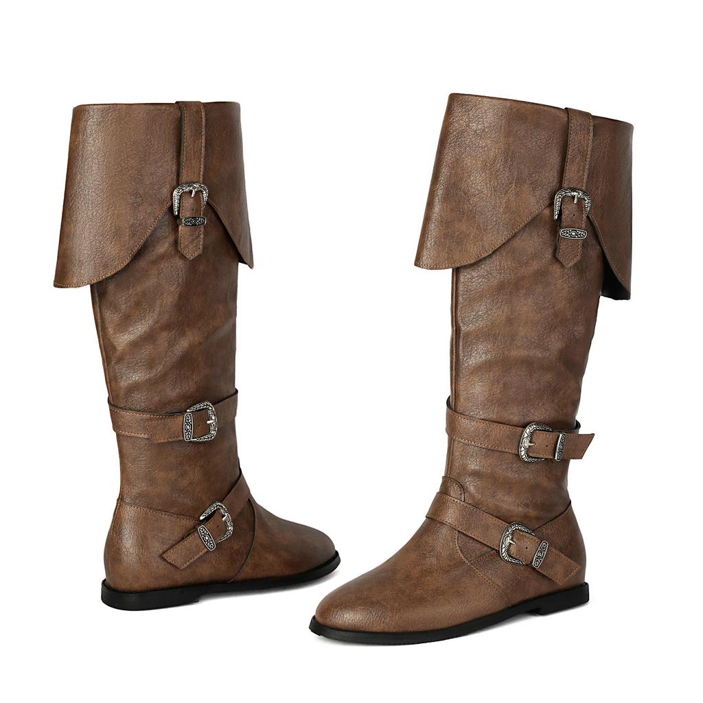 Caribbean Pirate Knee High Boots Women Tall Booties Halloween Costume Renaissance Medieval Cosplay Soft Leather Flat Shoes