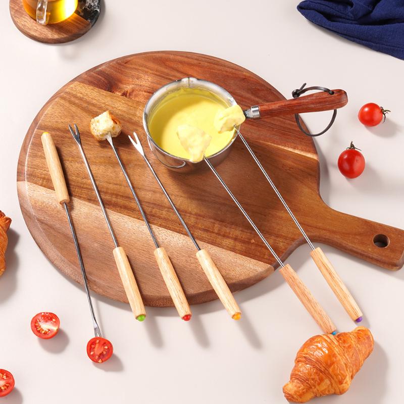 6 Pcs Fondue Fork Grilling Set Muddler Reusable Fruit Forks Bbq Fork Dipping Plastic/Wood + Stainless Steel For Cocktails Set