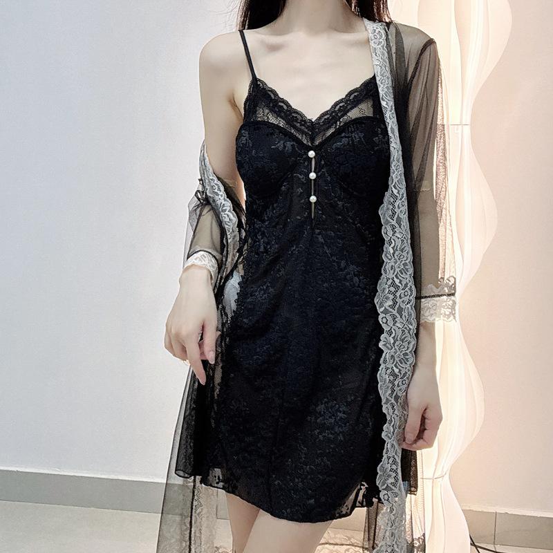 New summer ice silk burned flower suspender nightdress sexy pure style beautiful back lace lace with chest pad pajamas