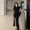 Large size casual short-sleeved T-shirt dress for women's spring waist and thin straight skirt, pear-shaped figure split-ended long skirt