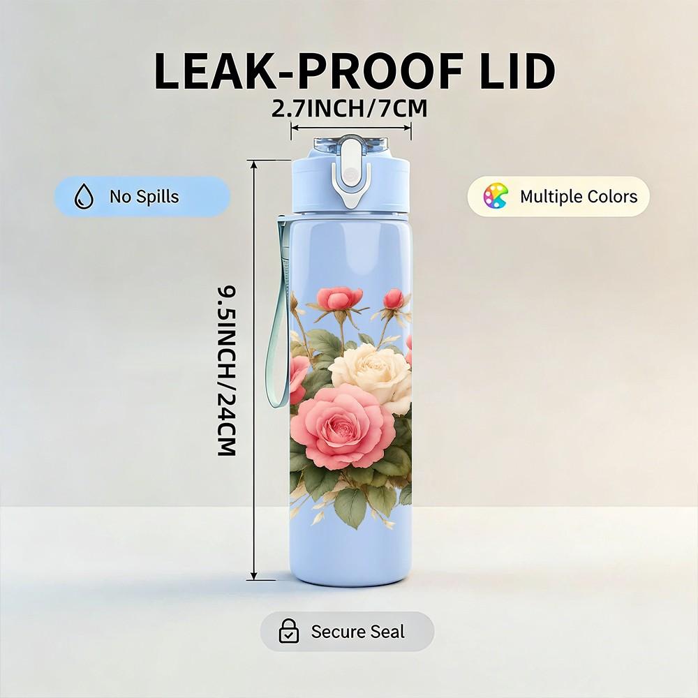 1PC Pink Rose Flower Bouquet Pattern 750ml Color Plastic Sports Water Bottle Leakproof Flip Straw Lid Suitable for Sports Office Home Use