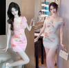Pure Desire Style Sexy Elastic Slim Mesh Mesh Printing Pleated Kinked Low-cut Short Off-the-shoulder Bottoming Dress