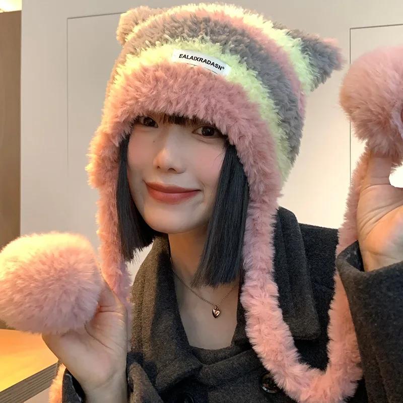 Čepice s kočičíma ušima s kontrastním pruhem, ručně háčkovaná plyšová čepice beanie pro ženy, roztomilá ochrana uší, hřejivá čepice z imitace norkové vlny na zimu