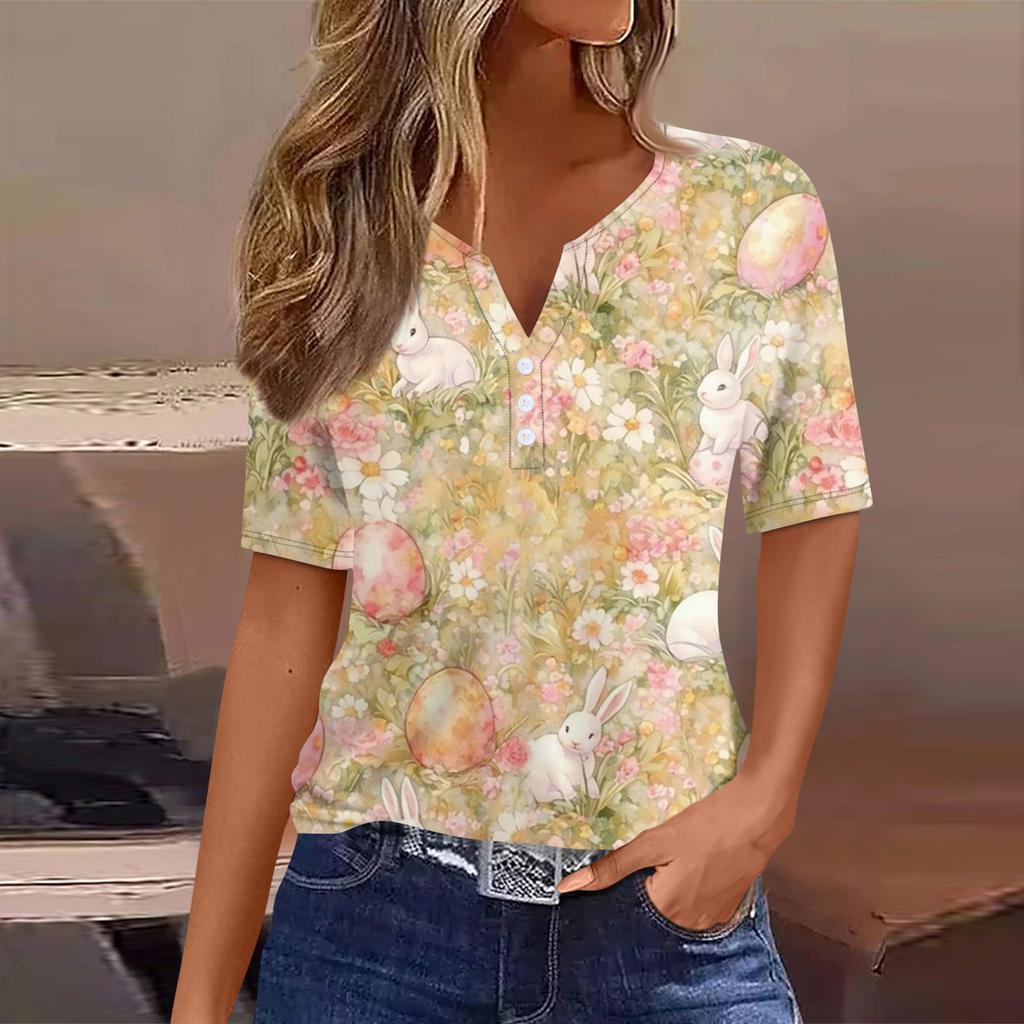 Tricou damă, tricou cu imprimeu, nasturi, mânecă scurtă, tunică, modă zilnică de weekend, top simplu cu decolteu în V, stil regulat