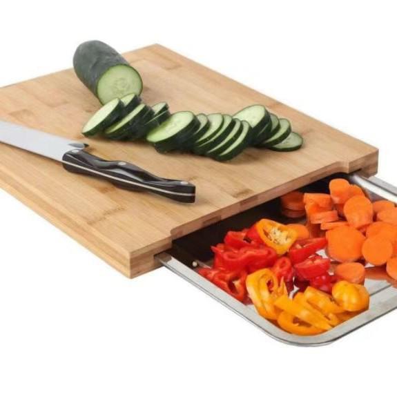 Wooden Pull-out Cutting Board with Stainless Steel Tray for Fruits, Vegetables, and Meat.