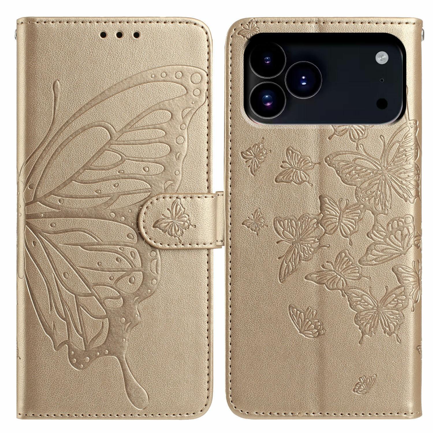 

For iPhone 17 Pro Case Butterfly Imprinted Wallet Stand PU Leather Flip Phone Cover with Strap Gold