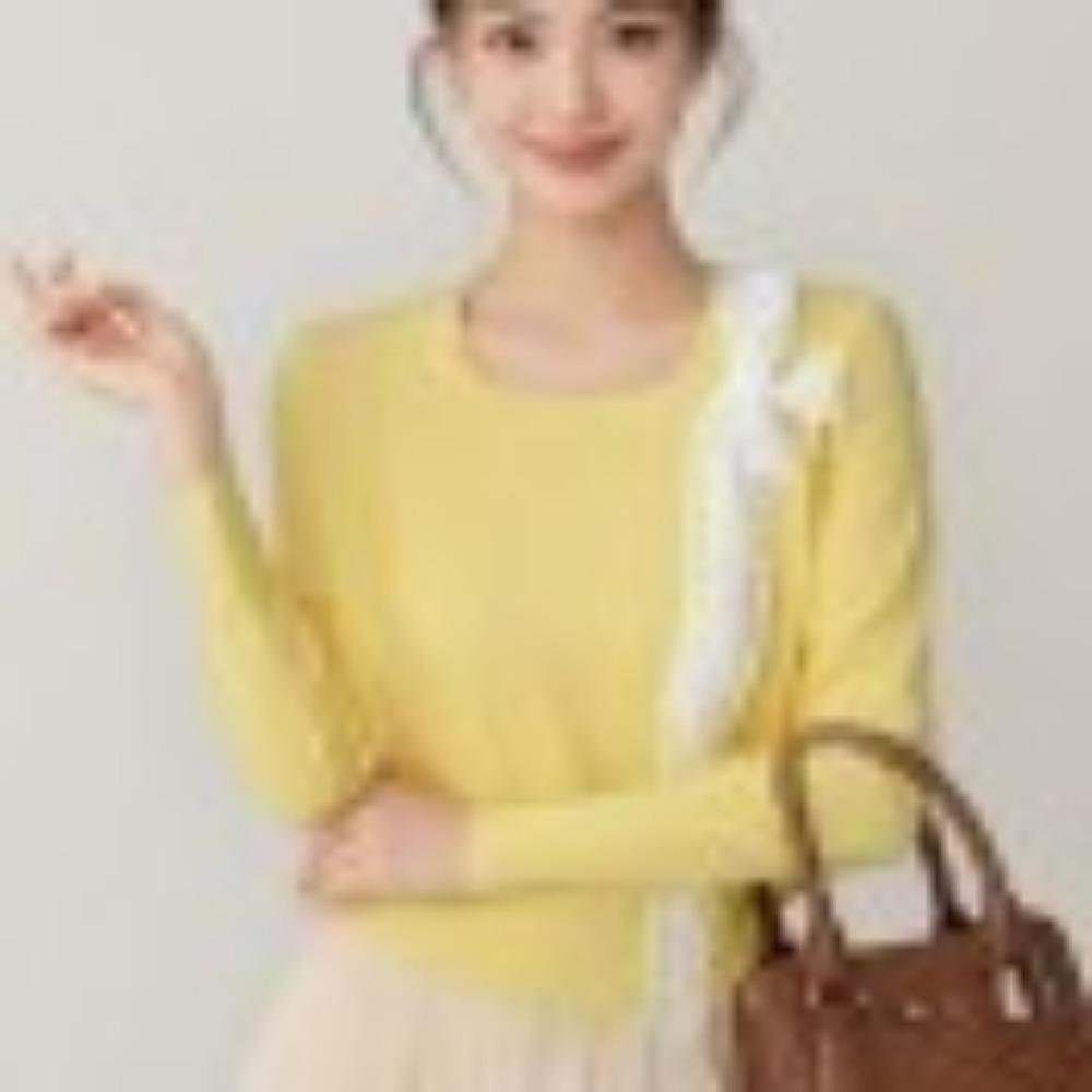 Square-neck Long-sleeved Knitted Sweater, Women's Spring and Autumn Large-sized Tie Bow Top Base Layer