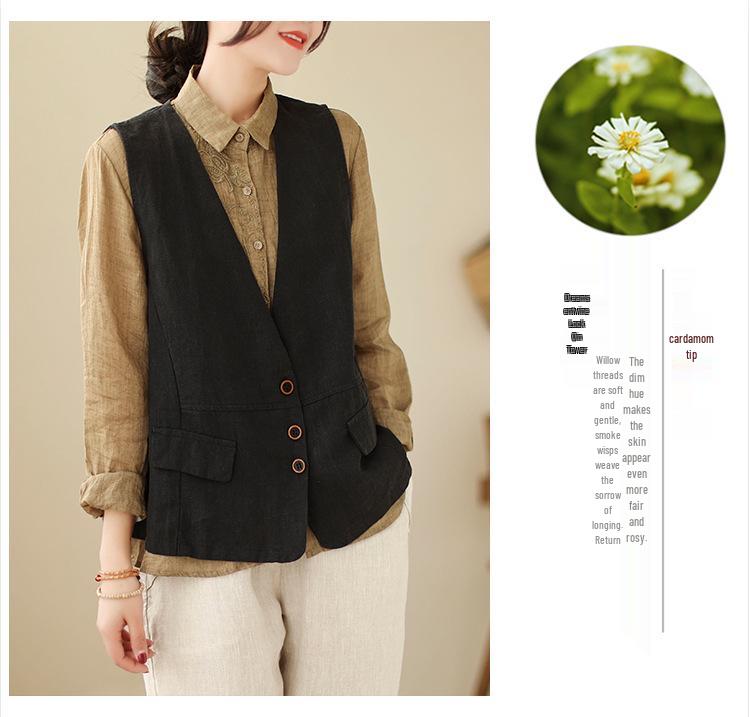 Women's 2026 Spring Retro Distressed V-Neck Button Vest, Short Artistic Cotton Linen Waistcoat, Solid Color Outerwear.