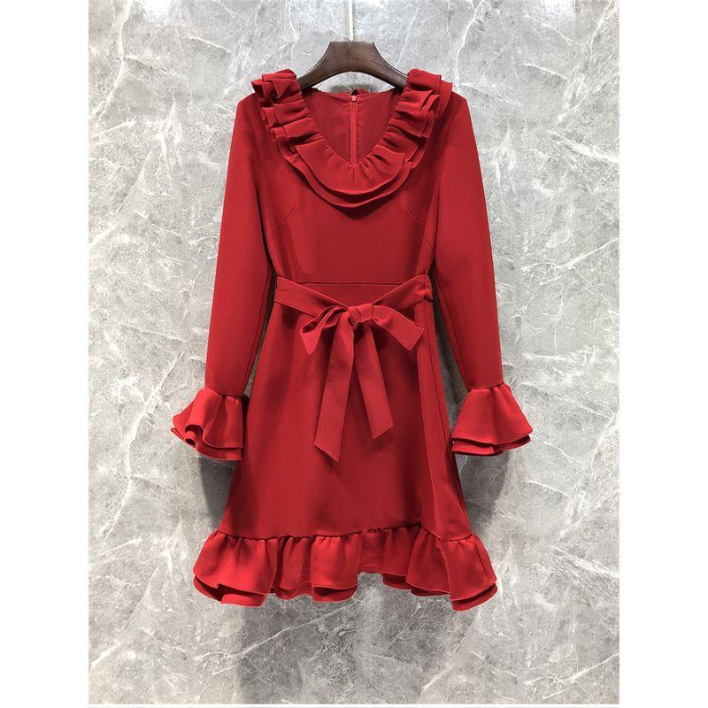 

Broken 5 Fold Silk V-neck Flounce Dress Female European Goods Spring New Temperament Little Red Dress 51rr11 Red(With belt) S