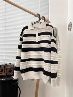 Men's Autumn Retro Striped Polo Sweater - Long Sleeve, Half Zip, Knit, Lazy Style