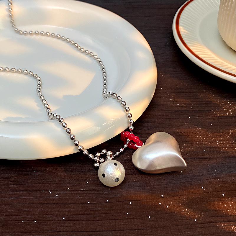 European American Silver Heart Cotton Pearl Pendant Necklace, Korean Fashion Versatile Sweater Necklace