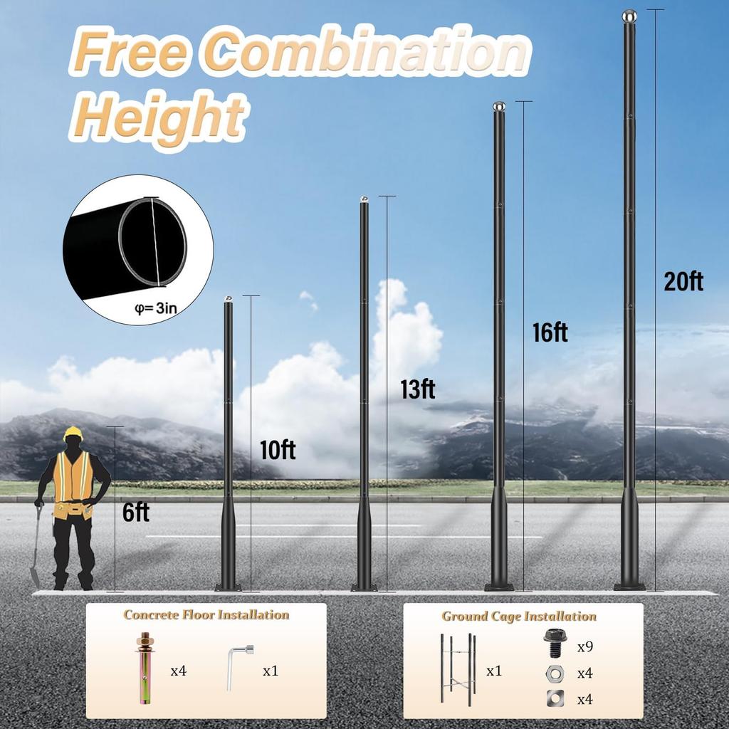 13Ft Black Solar Street Light Pole - Adjustable Metal Outdoor Lamp with Mounting Base