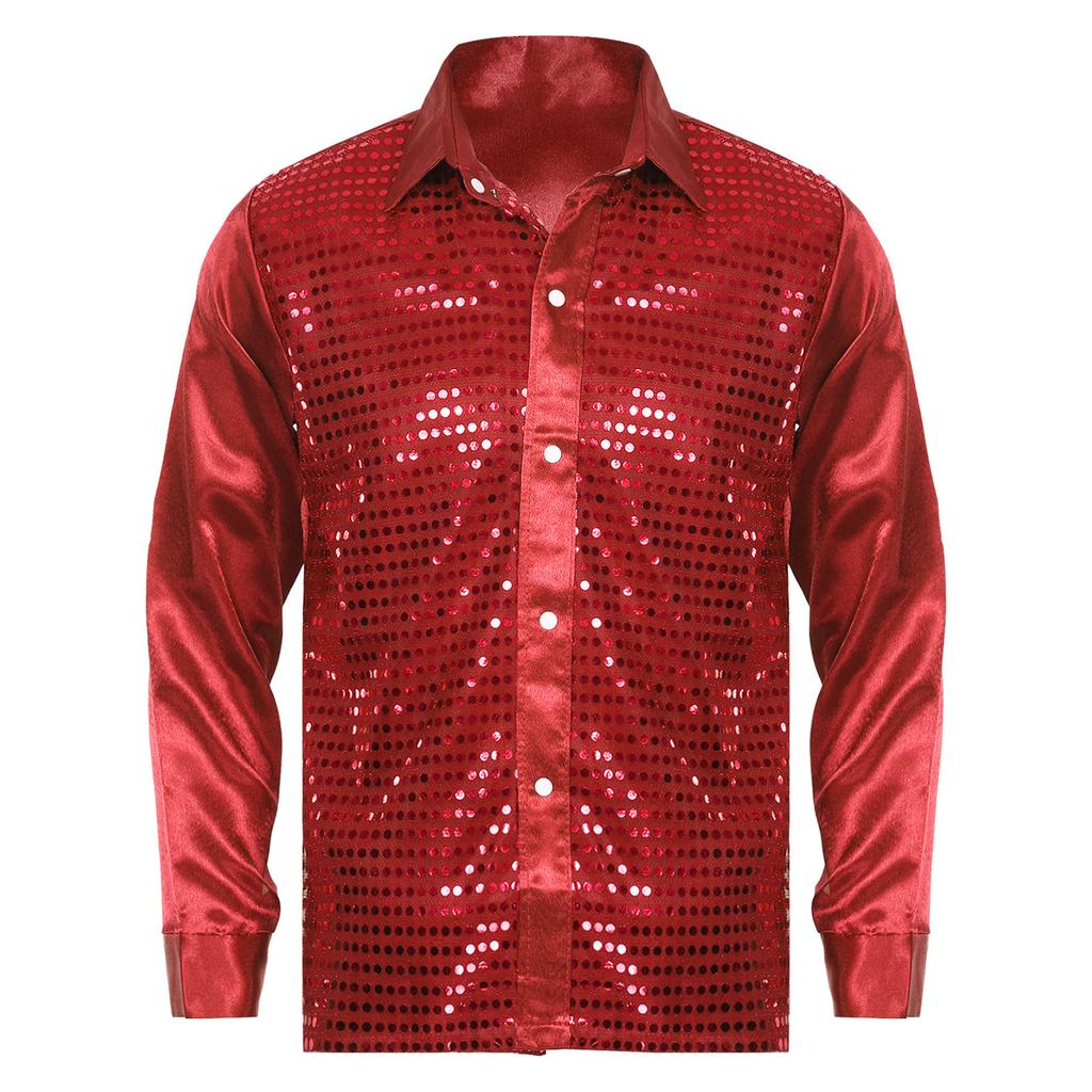 Mens Shiny Sequin Dance Shirt Latin Jazz Performance Wear Turn Down Collar Long Sleeve Patchwork Top