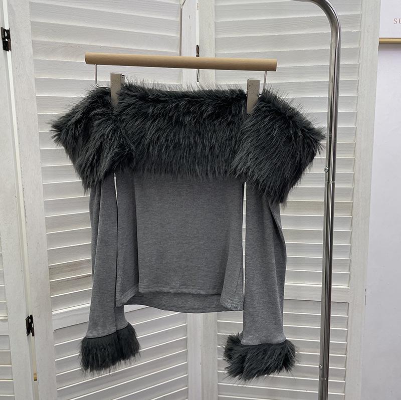 Chic One-Shoulder Fur Patchwork Long-Sleeve Top 1382