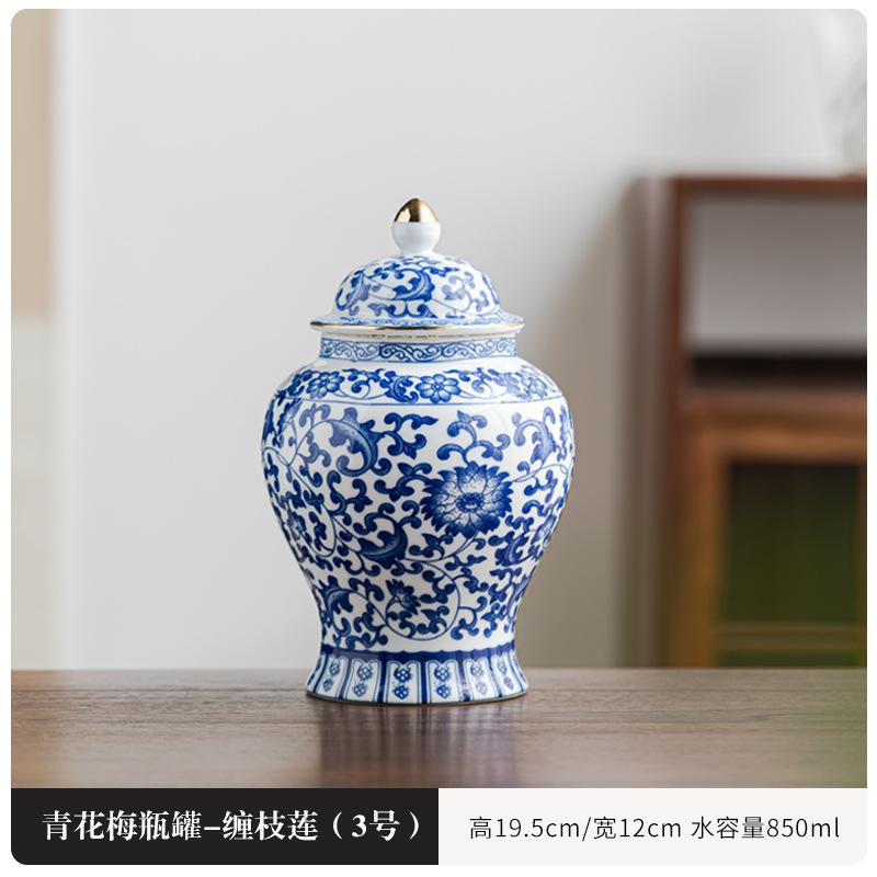 Gold Plated Blue and White Porcelain Tea Can Antique Sealed Candy Coffee Jar Living Room Ornaments Flower Bird General Jar Craft