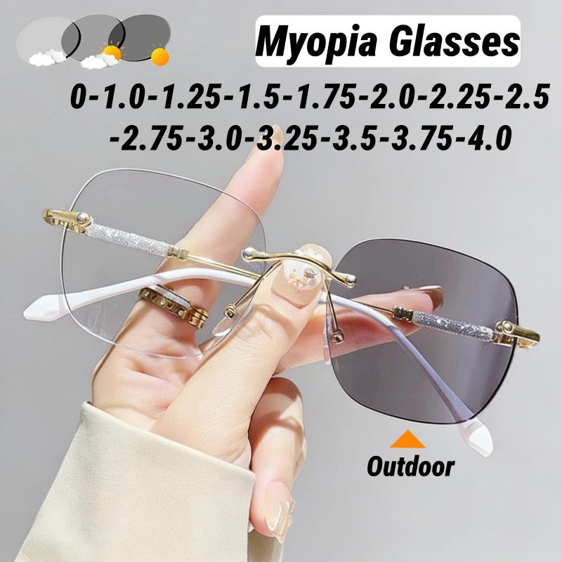 Premium Photochromic Myopia Glasses Frameless Beveled-Edge High-Definition Anti Blue Light Turn Grey Minus Diopter Eyeglasses