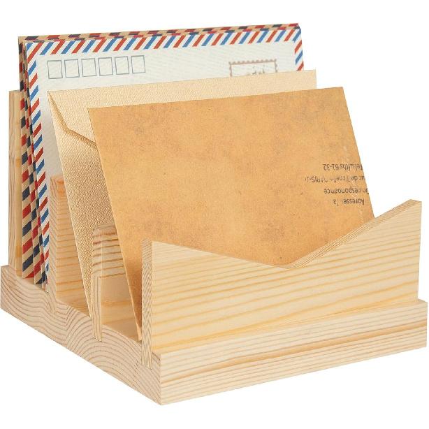 Wooden Mail Organizer Countertop, 3 Slots Mail Holder for Paper, Bill, File, Envelope, Rustic Letter Holder for Desk, Vertical Letter Organizer
