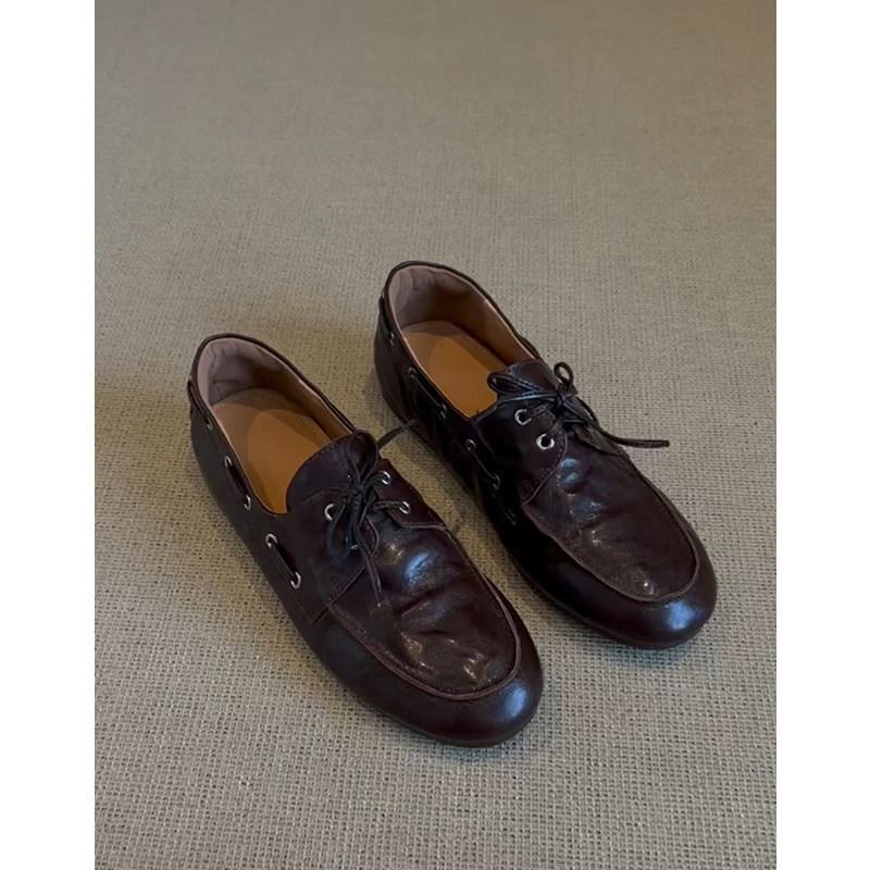 Washed soft cowhide British retro round head small leather shoes women's simple commuting leather flat single shoes loafers