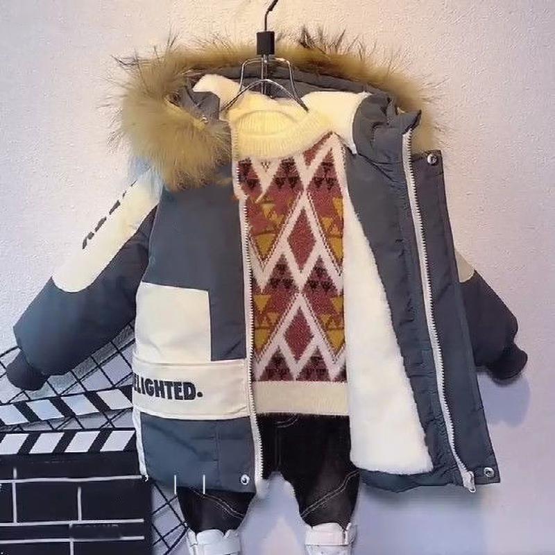 Winter Boys Coat Baby Fur Collar Hooded Velvet Thicken Warm Jacket Children's Boy