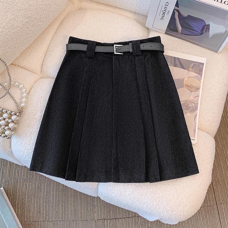 

Women s High Waist Black Corduroy Pleated Mini Skirt - Autumn/Winter 2025, Casual Slim Fit Half Skirt XL