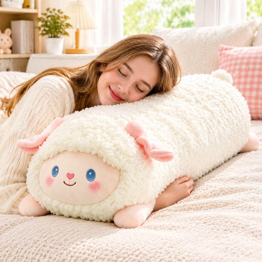 Cylindrical Shape Long Sleeping Pillow White Sheep Stuffed Animal Doll  Sheep Body Pillow