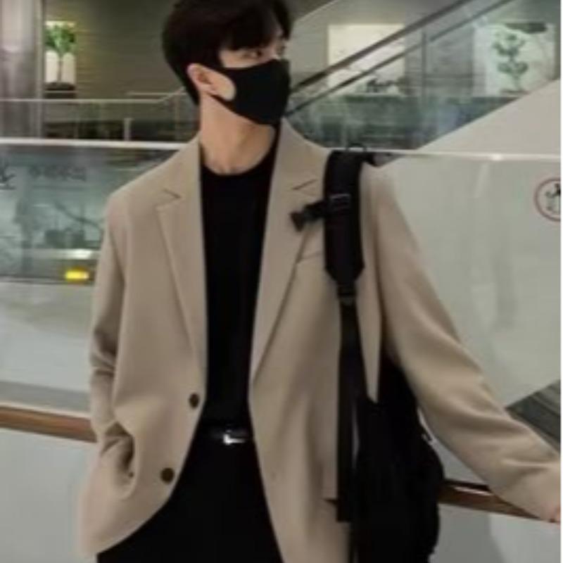 Men's High-End Black Casual Blazer - Korean Style with Shoulder Pads