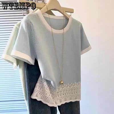 Round Neck Short Sleeved T-shirt for Women Spring and Summer Stylish Design and Knitted Top