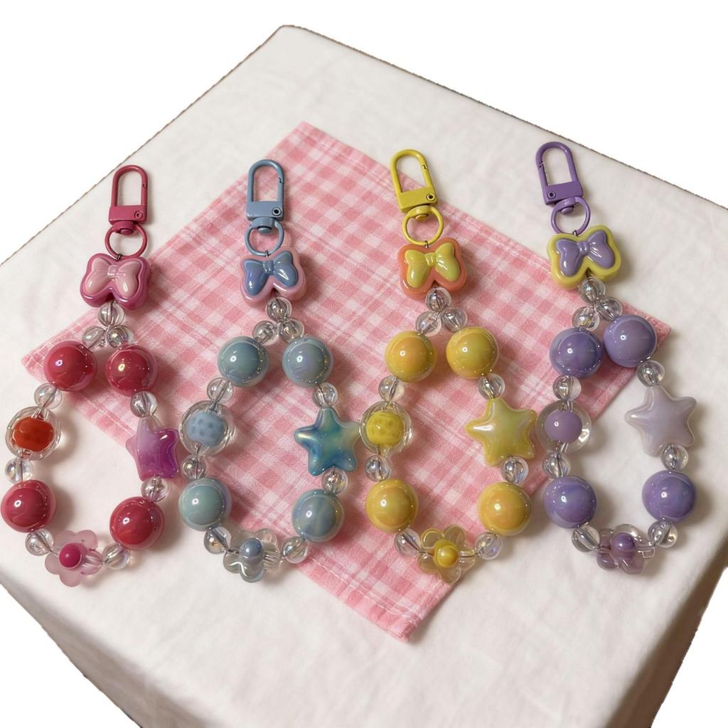Handmade Beaded Phone Lanyard Keychain with Cute Bow, Lip Gloss Charm, and High-End Bag Pendant