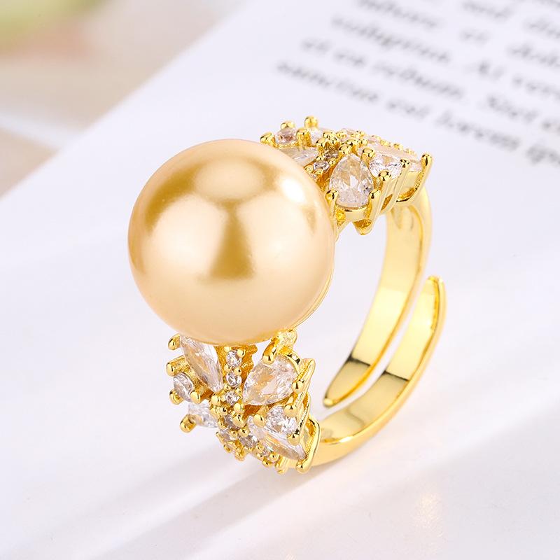 4 Jewelry Copper Platinum Plated Row Ring Pearl Temperament Light Luxury Women'S Ring 14Mm