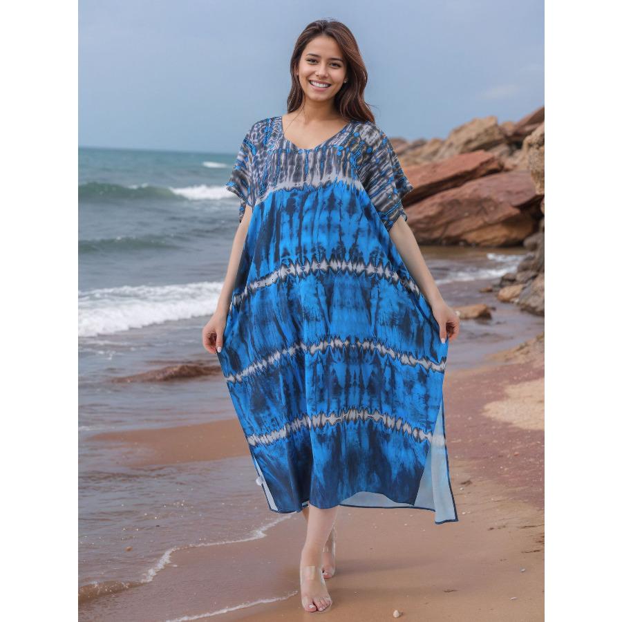 Women's Tie Dye Print Beach Cover Up Loose Flowy Long Kaftan Robe, Open Front Swimwear Shirt 0993