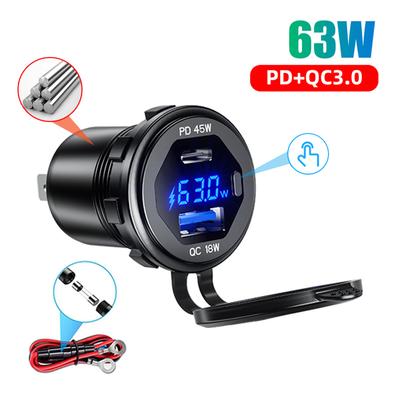 Aluminum Usb C Car Charger Socket 12v/24v 63w Usb Outlet Pd Type C & Qc 3.0 Car Dual Usb Port With Led Switch For Car Motorcycle