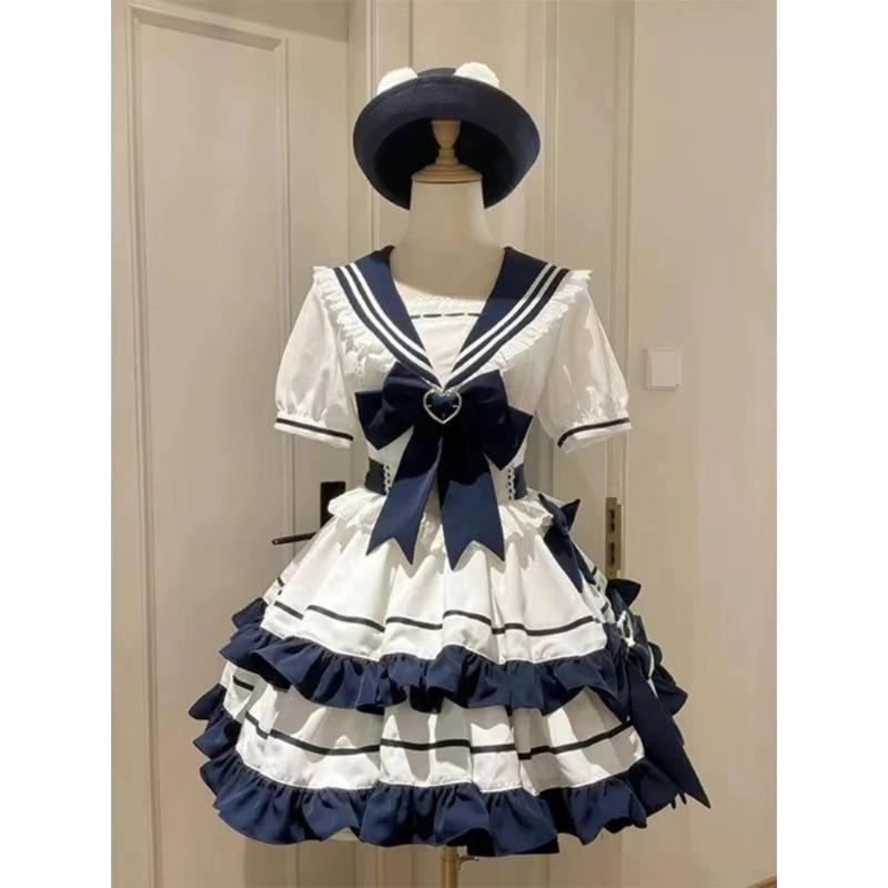 Dolce Carina Ragazza Set Manica Corta con Collo Blu Stile Giapponese Kawaii Lolita Vestiti Set con Fiocco di Pizzo Vestito da Festa Principessa con Collo da Marinaio