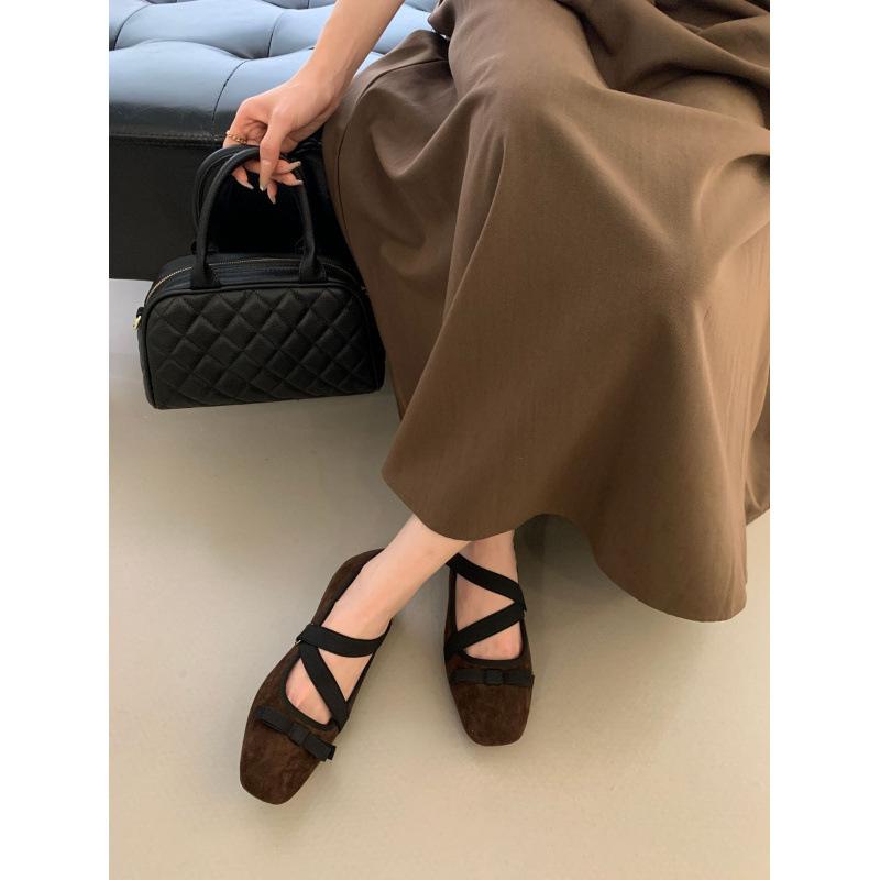 Square head cross strap French Mary Jane women's shoes 2025 ballet shoes bow platform shallow mouth single shoes
