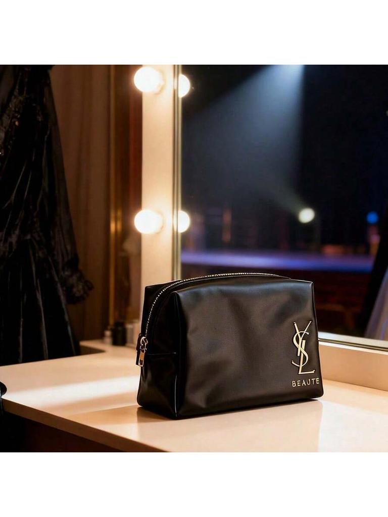 YSL - Black patent leather cosmetic bag with gold logo and zipper closure