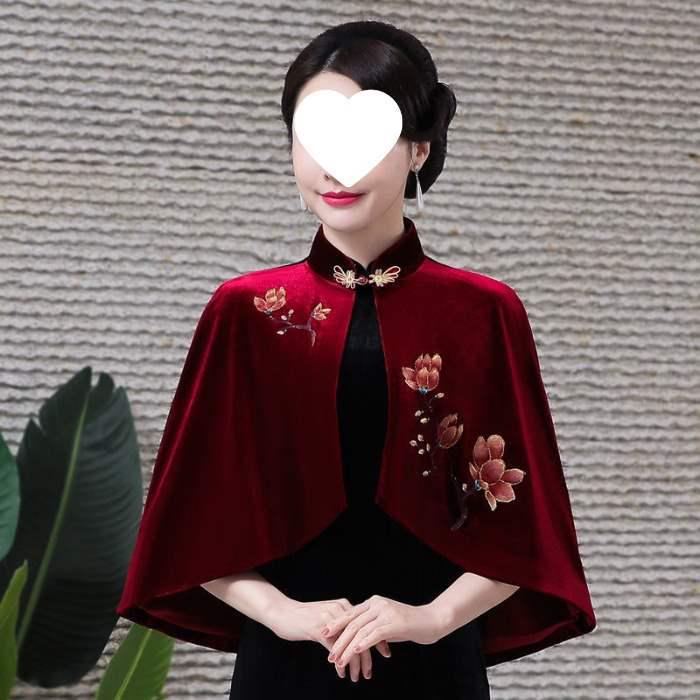 Elegant Women's Embroidered Gold Velvet Qipao Shawl Jacket Cape