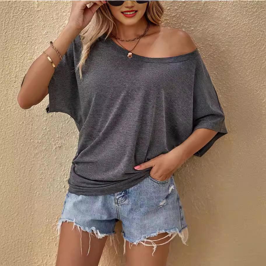 2024 Women's Solid Color Batwing Sleeve Knitted Off-the-Shoulder Top