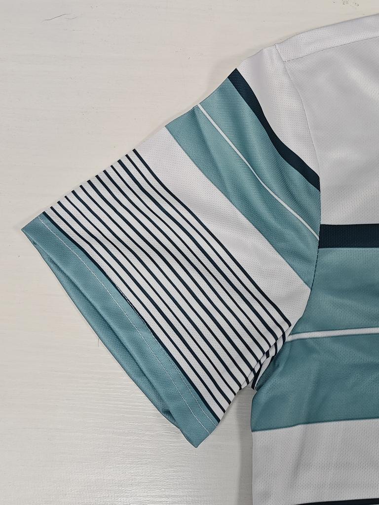 Men'S Outdoor Polo Shirt, Father'S Day Gift, Teal White Striped Design, Polyester Material, Multiple Sizes Available, Casual Hiking Outdoor Wear,