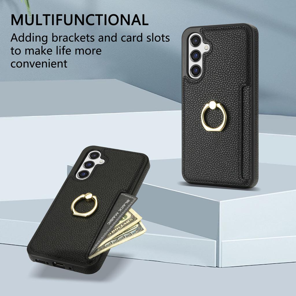 For Samsung Galaxy S23 FE Finger Ring Kickstand Phone Case PU Leather+TPU Card Holder Cover
