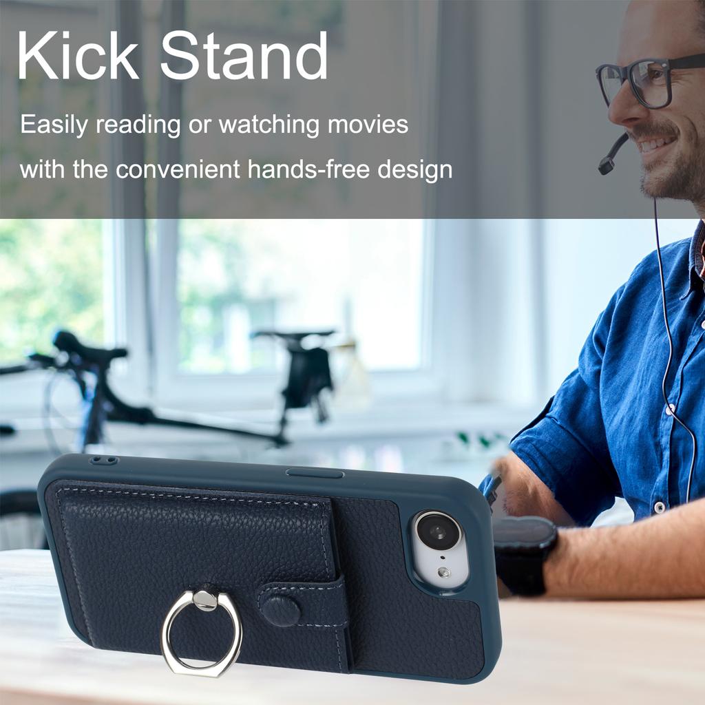 For iPhone 16e Case with Ring Kickstand Drawing Type Card Slots Leather Back Cover