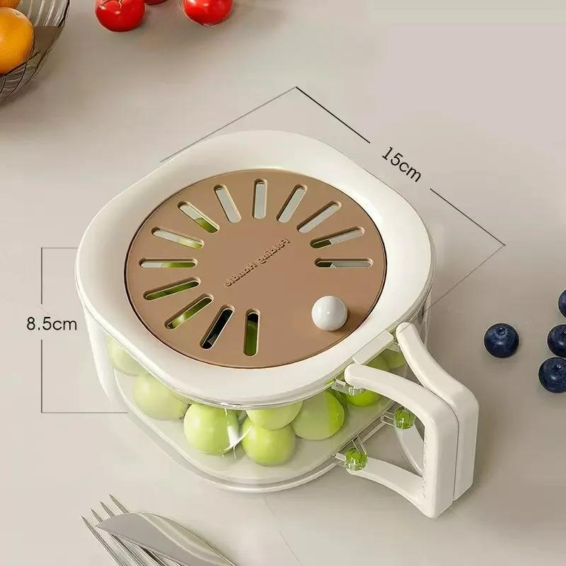 Kitchen Fridge Salad Container, 2in1 Double Layer Fruit Drainer Container with Foldable Handle, Fruit Washing Bowl with Strainer