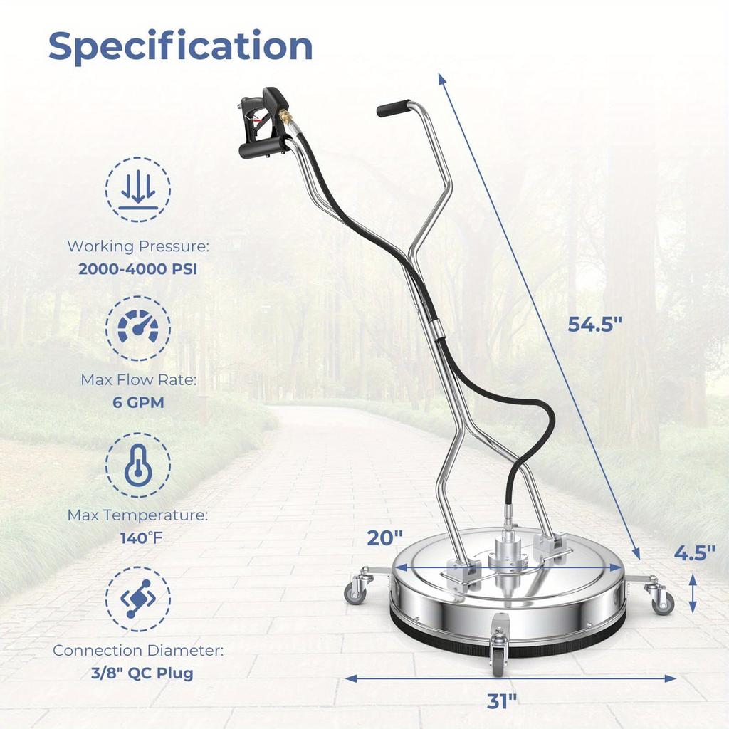 20" Pressure Washer Surface Cleaner Stainless Steel Power Cleaner Attachment