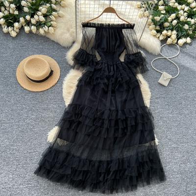 Vestido francês plissado cintura alargada manga malha bolo vestido feminino temperamento elegante vestido longo