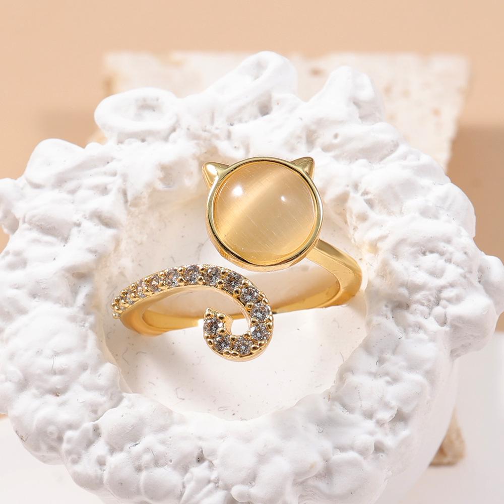 Charming Cat Ear & Eye Ring with Micro-set Diamonds - Adjustable Luxury Hand Jewelry