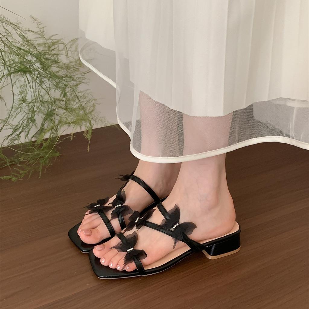"Romantic Butterfly" Thick Heel Square Head Open-toed Cool Slippers Women's Summer Wear Square Head with Slippers