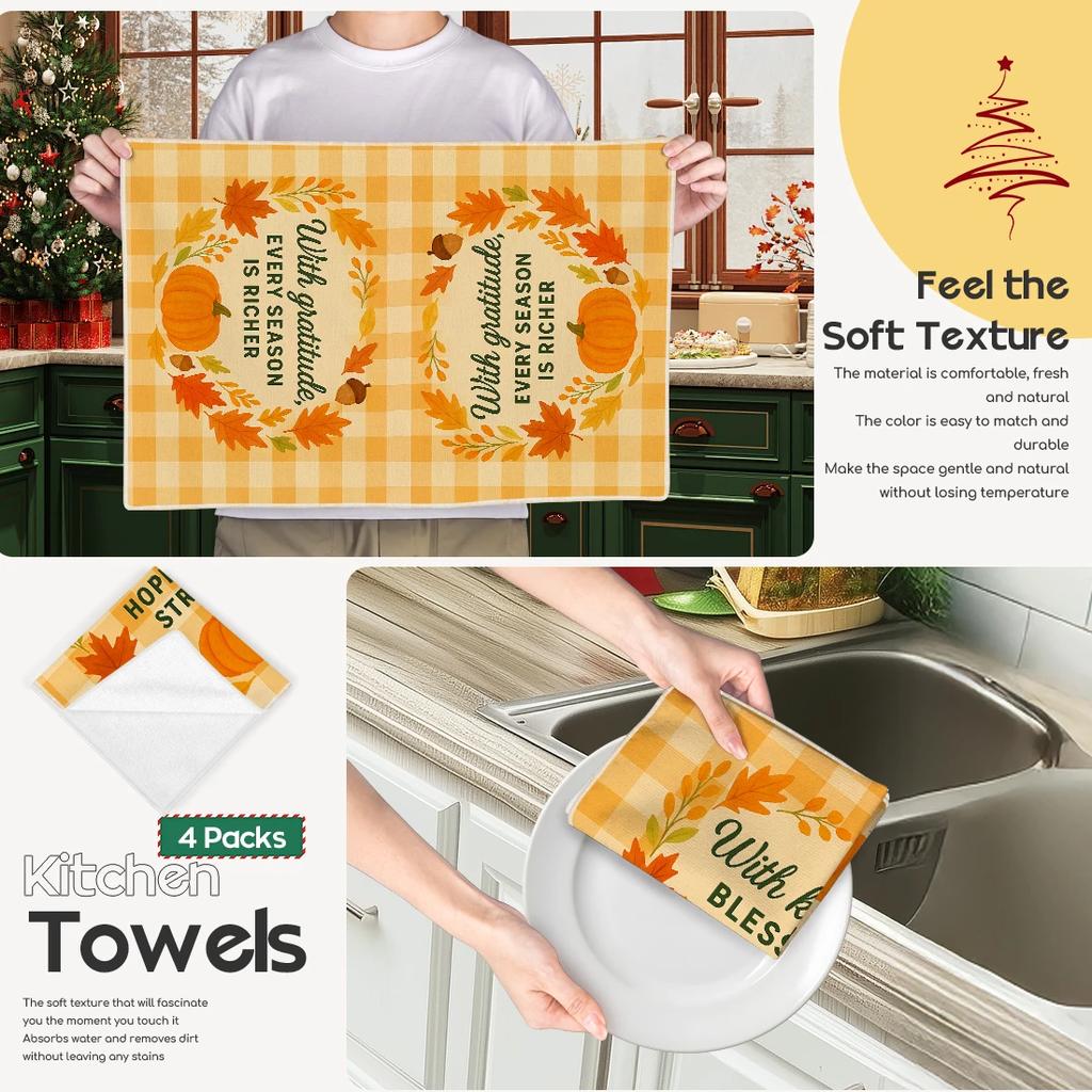 2/4/6pcs set Kitchen Towels Autumn Thanksgiving themed mapleHand Towels Christmas Decorations for Home Noel Dish Towels Gifts