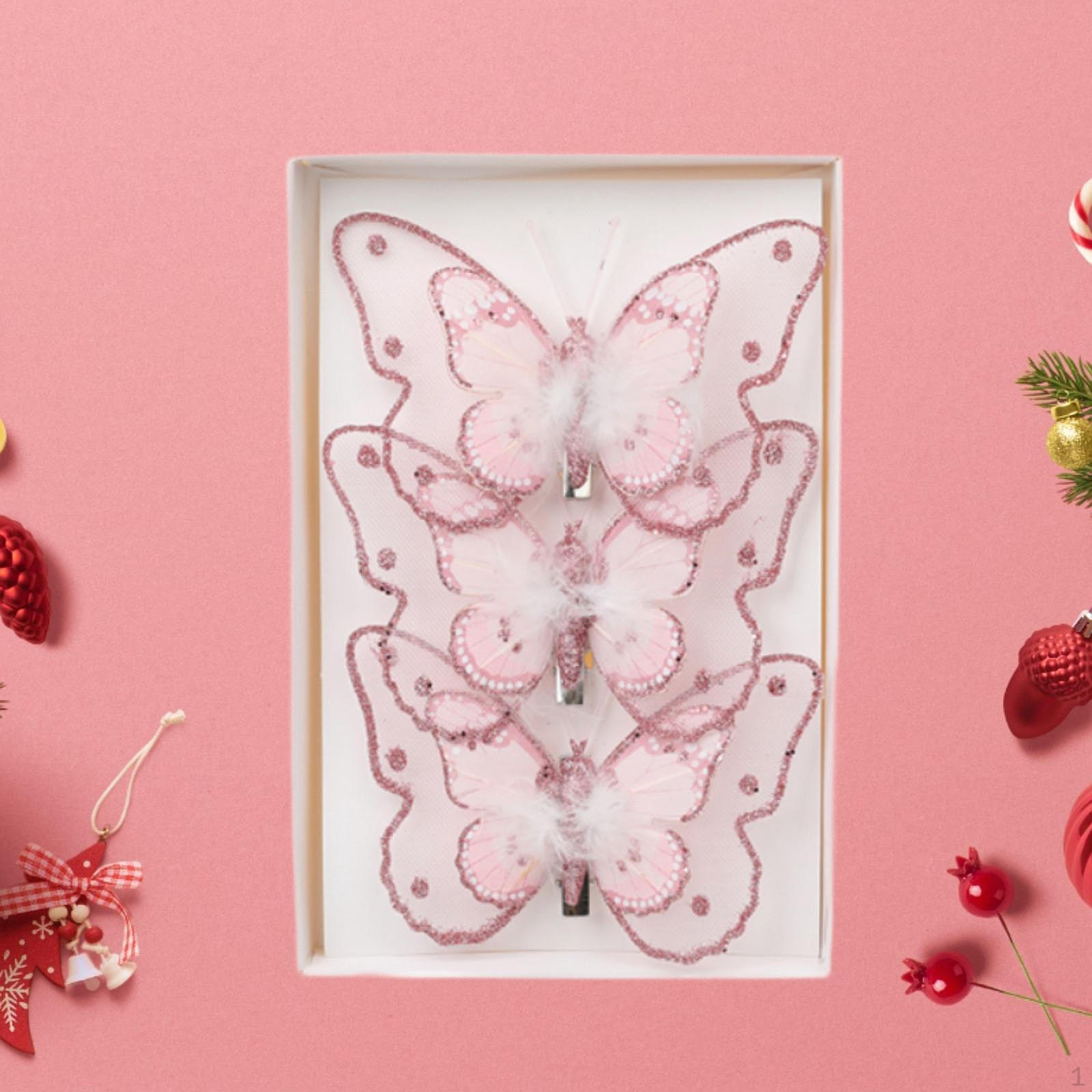 

3 шт. рождественские украшения в виде бабочек, декоративный центральный элемент с зажимом и блестками светло-розовый