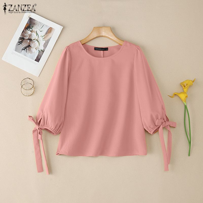ZANZEA Women Casual Round Neck Loose Lace Up Half Sleeve Blouse
